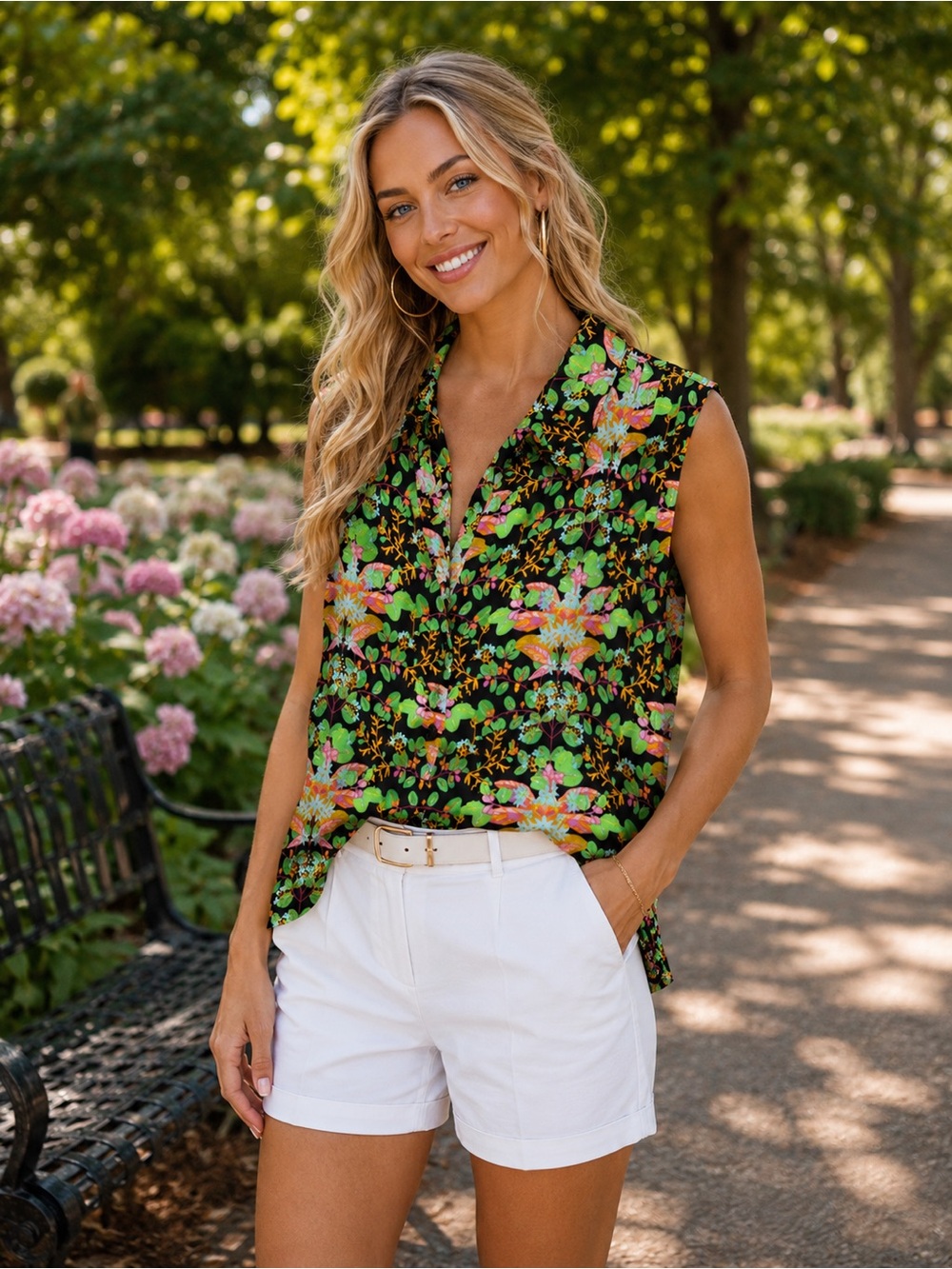 CAbi Floral Sleeveless Button-Front Camisole in Black, Green & Pink